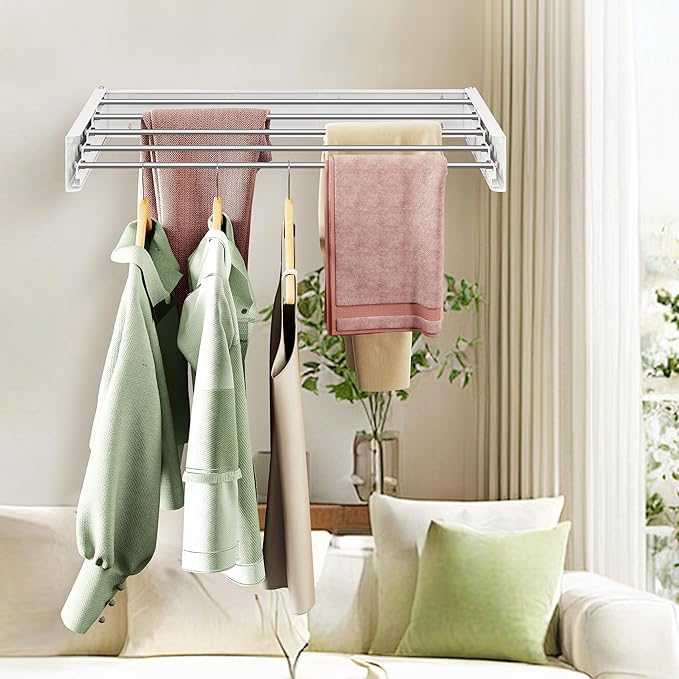 Wall Mounted Clothes Drying Rack 32 inches,Foldbale Laundry Drying Rack Wall Mount,Drying Rack Clothing Space Saver,Retractable,Collapsible,Folding Laundry Rack,White-Ruum Studio Home