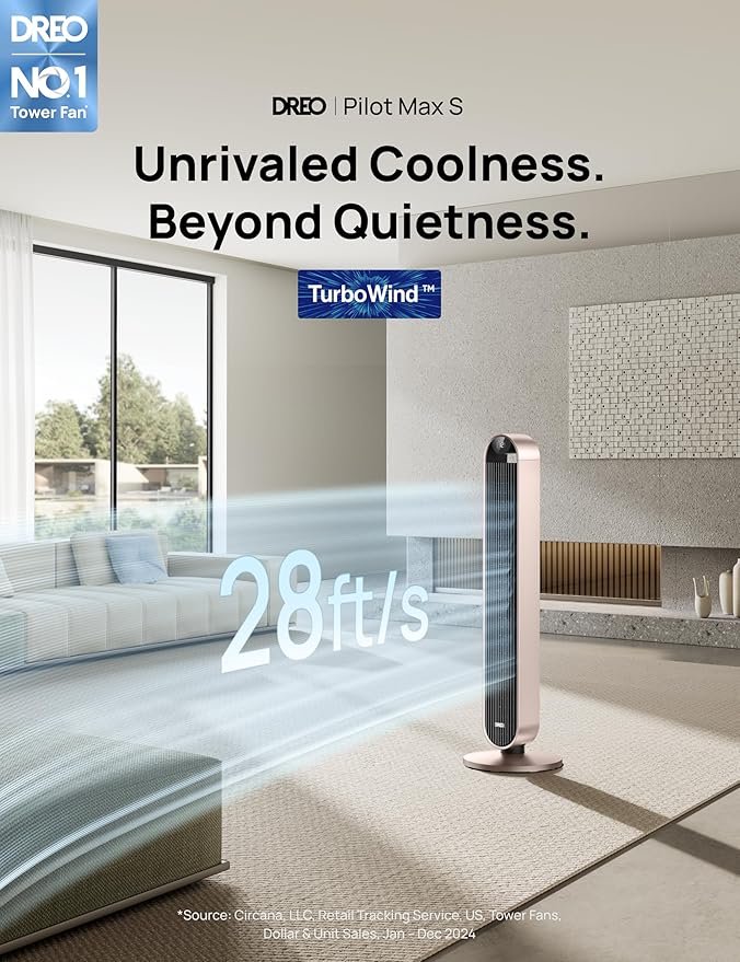 Dreo Smart Tower Fan Voice Control, 120° Oscillating Fan Works with Alexa/Google/App/Remote, 42 Inch, 25dB Quiet DC Bladeless Fan for Bedroom,12 Speeds, Floor Fan for Home, Office, Pilot Max S-Ruum Studio Home