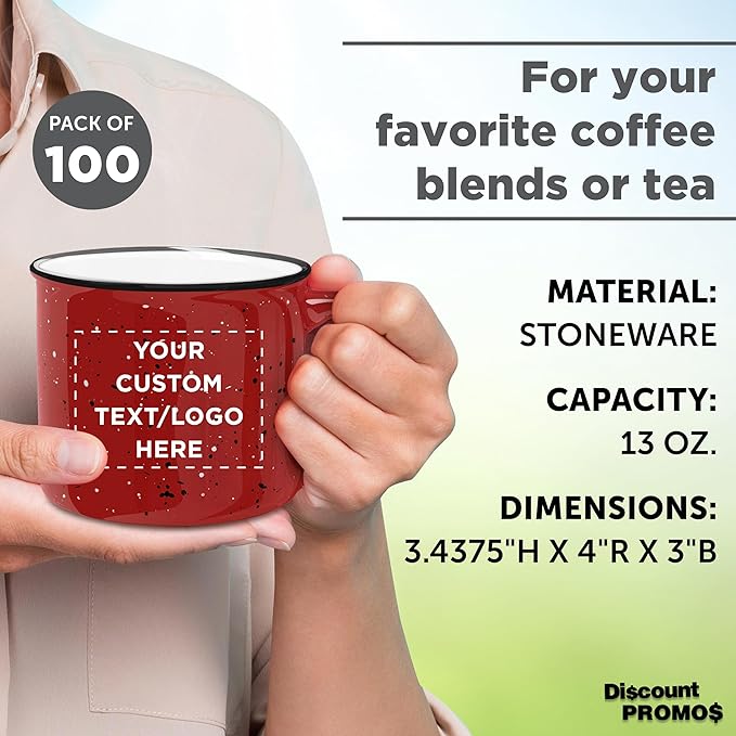 DISCOUNT PROMOS Custom Ceramic Campfire Coffee Mugs 13 oz. Set of 100, Personalized Bulk Pack - Perfect for Tea, Espresso, Cappuccino, Hot Cocoa - Red-Ruum Studio Home