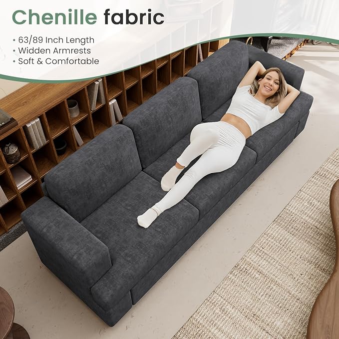 Sofa, 63” Comfy Loveseat Sofa with Deep Seats, Couch for Living Room, Modern Sleeper Couch, Dark Grey Chenille-Ruum Studio Home