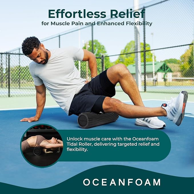 Oceanfoam Tidal Roller - Black - Muscle Massage Foam Roller for Back Pain & Stretching - Firm and Ergonomic Wide Wave Textured - Yoga, Athletics, & Wellness - Full Size, 20" x 5"-Ruum Studio Home