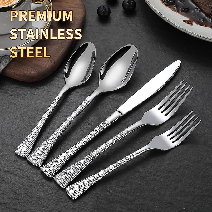 Hammered Silverware Set,20 Piece Modern Flatware Set Service for 4,Mirror Polished Stainless Steel Cutlery Set Utensil Set Tableware Set,Kitchen Knives Forks Spoons Set,Dishwasher Safe-Ruum Studio Home