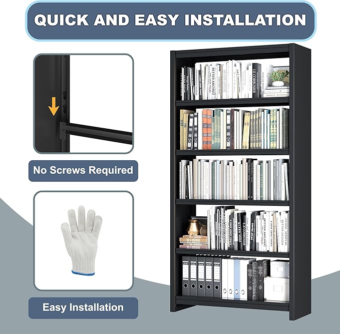 Bookshelf, 5 Shelf Bookcases, Tall Bookcase for Heavy Books, CDs, Movies, Garage Kit, Modern Display Shelf for Library Home Office Bderoom Living Room, Metal Bookshelves Industrial Black-Ruum Studio Home