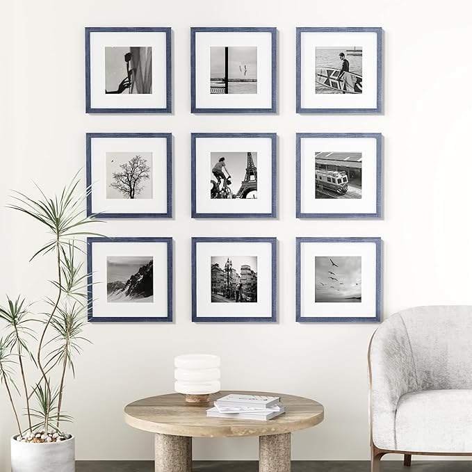 Vittanly 12x12 Picture Frames Set of 9, Shatter Resistant Plexiglass, Display 8x8 Pictures with Mat or 12x12 without Mat, Photo Frames for Wall Mount, Engineered Wood, Navy-Ruum Studio Home