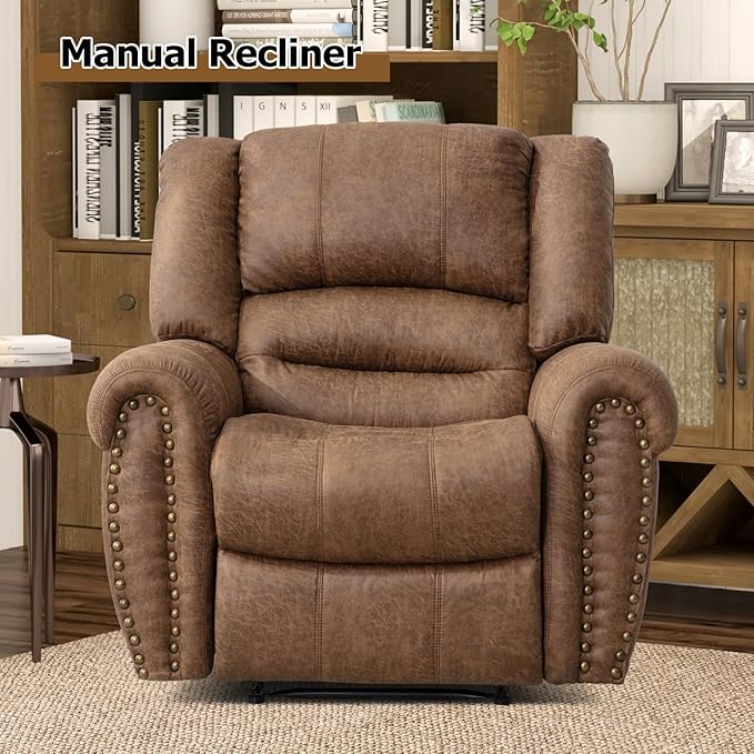 CANMOV Leather Recliner Chair, Classic Breathable Manual Recliner Chair with Comfortable Arm and Back Single Sofa for Living Room, Camel-Ruum Studio Home