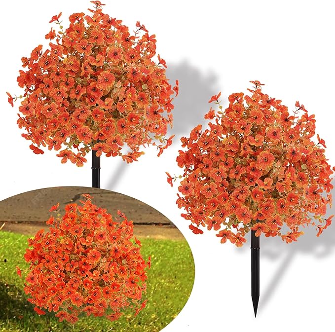 Set of 2 Artificial Fall Topiary Ball Flowers for Outdoor Decoration with Spike 20", UV Resistant Fake Autumn Floral Shrubs, Realistic Faux Bushes Plants for Garden,Yard,Porch and Patio Decor-Ruum Studio Home