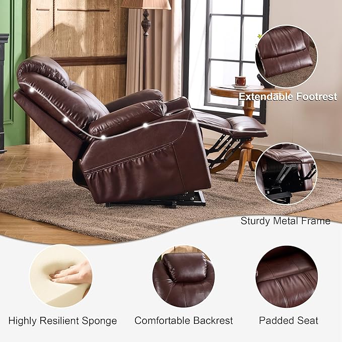 SALOHZA Power Lift Recliner Chair for Elderly with Massage and Heat for Living Room, Electric Recliner Chair for Adults with USB/Type C Port/Cup Holders, PU Faux Leather, Chocolate Brown-Ruum Studio Home