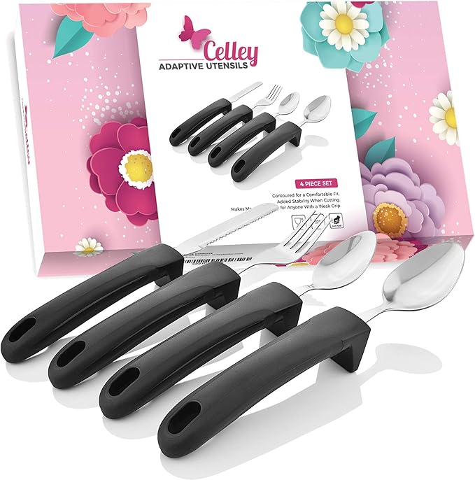 Adaptive Eating Utensils by Celley for Elderly, Handicapped | 4pc Easy Grip Silverware Stainless Steel Knife, Fork, 2 Spoons – (Black)-Ruum Studio Home