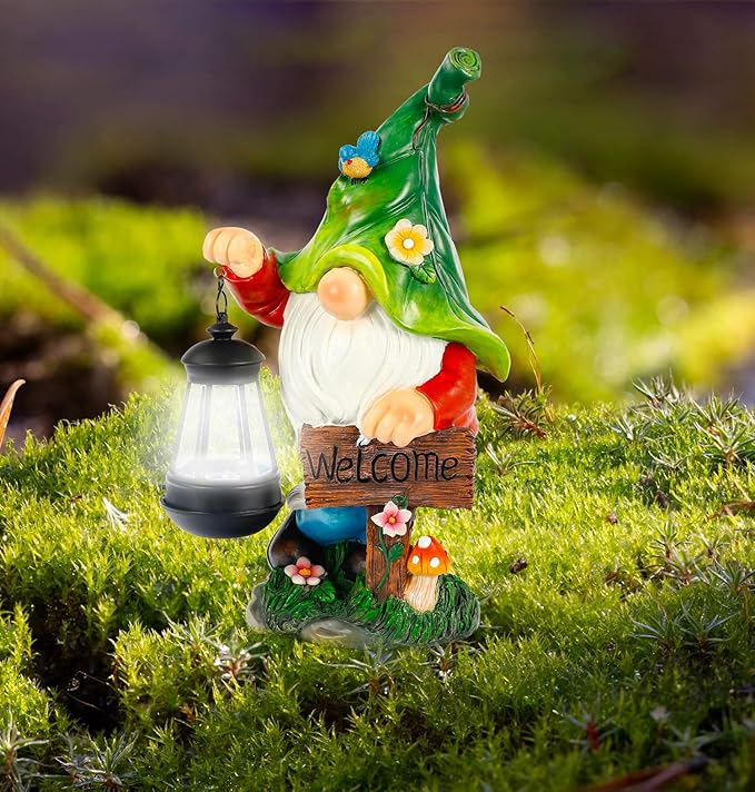 Garden Gnome Statue, Resin Figurine with Bright Solar Lantern Lights and Welcome Sign, Outdoor Solar-Powered Illumination Yard Art Decorations for Indoor Outdoor Patio Lawn Garden Room-Ruum Studio Home