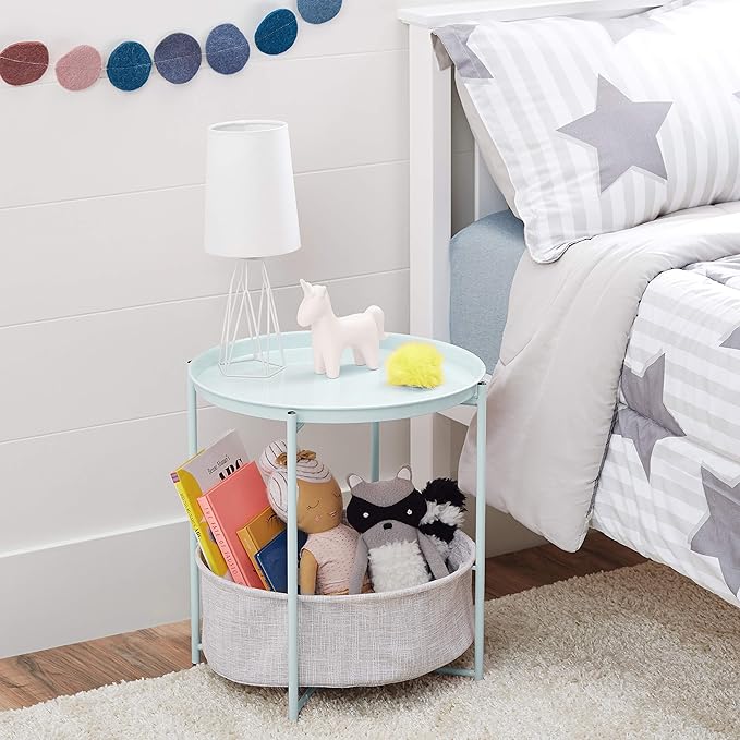 Amazon Basics Round Storage End Table, Side Table with Cloth Basket, Mint Green/Heather Gray, 18 in x 18 in x 19 in-Ruum Studio Home