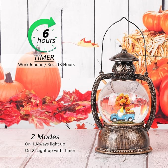 Fall Snow Globes, Blue Truck Pumpkin and Gnome Scene Snow Globes, Glittering Lantern with Timer, Snow Globe Lantern USB or Battery Powered for Fall Festival Thanksgiving Day Decor-Ruum Studio Home