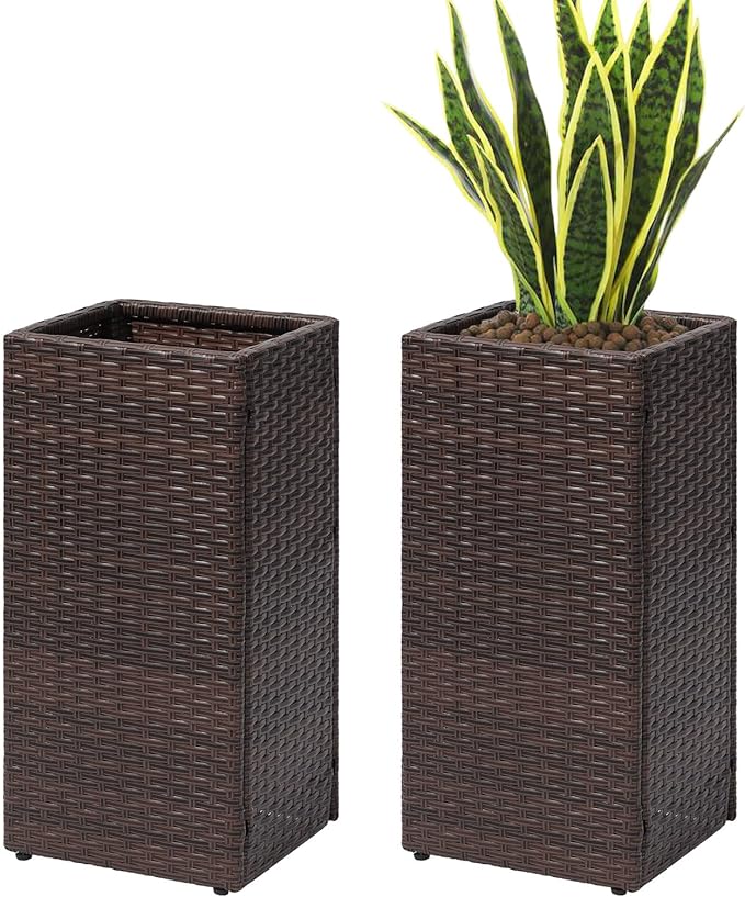 SUNNYPARK 2 Pack Tall Planters for Outdoor Plants Rattan Modern Tall Square Planter Box with Removable Liners Indoor Outdoor Porch Patio Flower Pot (12’’ x 12’’ x 24’’)-Ruum Studio Home