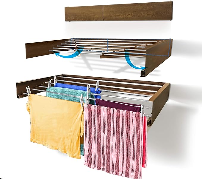 Step Up Laundry Drying Rack (40-INCH Wide - Wood-Look), Wall Mounted, Retractable Clothes Drying Rack, 60lbs Capacity, 20 Linear Ft, with Wall Template and Long Screwdriver Bit-Ruum Studio Home
