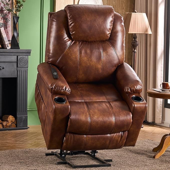 SALOHZA Power Lift Recliner Chair for Elderly with Massage and Heat for Living Room, Electric Recliner Chair for Adults with USB/Type C Port/Cup Holders, PU Faux Leather, Light Brown-Ruum Studio Home