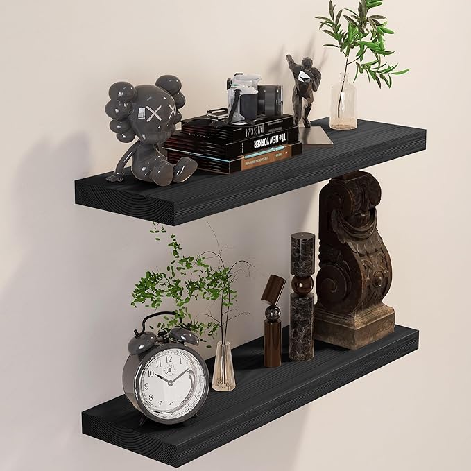 BGMG Wood Floating Shelves 24 inch, Wide Rustic Wooden Wall Shelves for Bathroom Living Room Bedroom Kitchen Farmhouse Set of 2-24x 6.7 x1.25 inch- Black-Ruum Studio Home