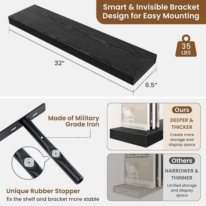 fuqing Floating Shelves for Wall, Bathroom Shelf Wall Mounted for Storage, Shelves with Invisible Bracket for Bedroom, Kitchen, Living Room, Farmhouse Small Book Shelf, 32 Inch Set of 2, Black-Ruum Studio Home