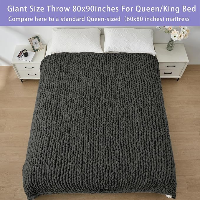 Bigacogo Chunky Knit Throw Blanket for Couch, 80x90 inches, 100% Hand Knitted with Thick Jumbo Chenille Yarn, Cozy Soft Large Rope Knot Cable Crochet Blankets for Sofa Bed Living Room, Dark Grey-Ruum Studio Home