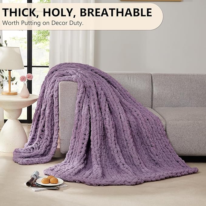 L'AGRATY Chunky Knit Blanket Throw: 60''x80'' Chenille Chunky Knitted Throw Blanket for Bed Couch - Handmade Thick Big Cable Knit Blanket - Large Crochet Rope Blanket for Home Decor(Deep Purple)-Ruum Studio Home