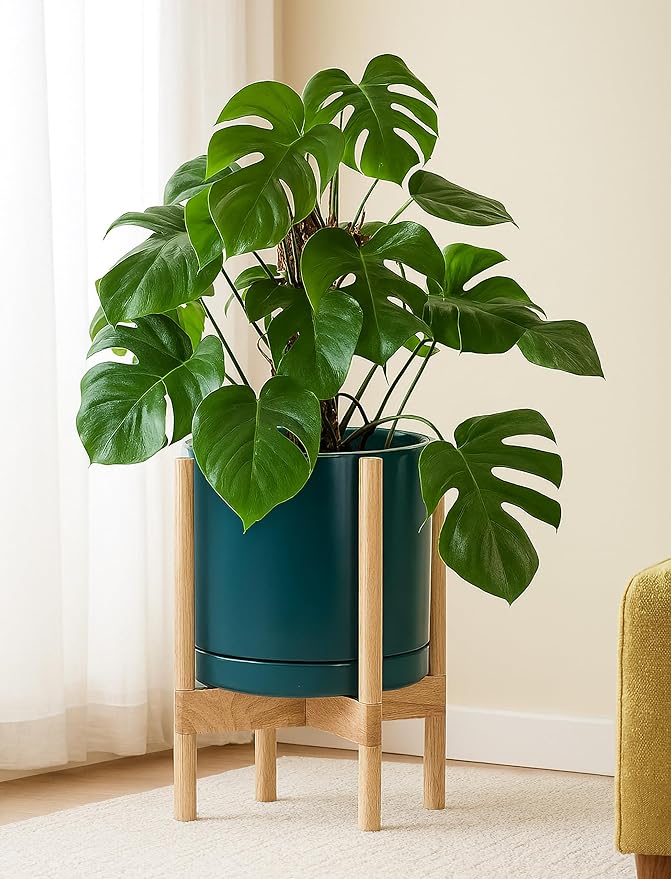 D'vine Dev Ceramic Planter with Natural Stand - 12 Inch Modern Round Flower Pot with Wood Planter Holder, Teal, 55-B-J-4-Ruum Studio Home