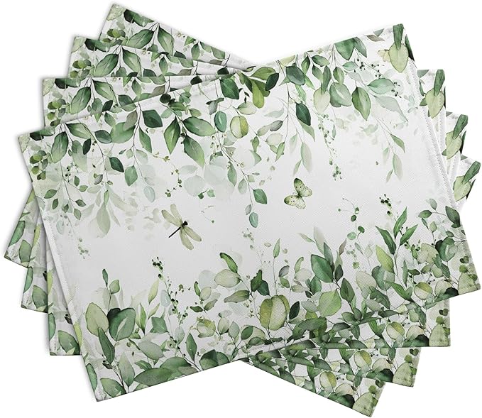 Sage Green Leaf Placemats Set of 4 Eucalyptus Leaves Place Mats 12×18 Inch Spring Summer Rustic Vintage Farmhouse Washable Linen Fabric Table Mats for Party Kitchen Dining Outdoor Indoor Decor-Ruum Studio Home