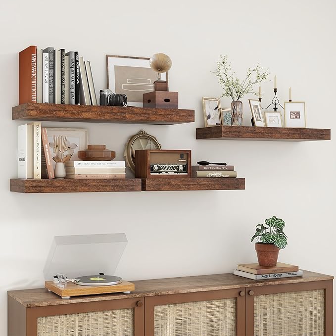 12 Inch Deep Floating Shelves for Wall | 30 Inch Floating Shelves Set of 2 | Rustic Wood Shelves for Living Room Bathroom Laundry Room Bedroom Kitchen Home Office - Rustic Brown-Ruum Studio Home