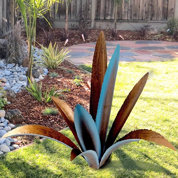 DIY Metal Agave Plant Art Yard Tequila Art Sculpture, Tequila Rustic Garden Sculpture Statue Outdoor Decor,Agave Metal Plants for Yard, Garden Lawn Ornaments (9 Leaves -Blue)-Ruum Studio Home