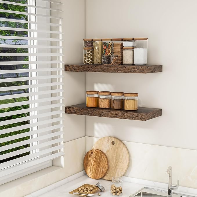 RICHFOCUS 24Inch Floating Shelves for Wall 2 Pack Shelves for Bedroom|Kitchen|Bathroom Wall Mounted Rustic Wood Floating Shelf with Invisible Brackets for Books|Storage|Decor, Rustic Brown-Ruum Studio Home