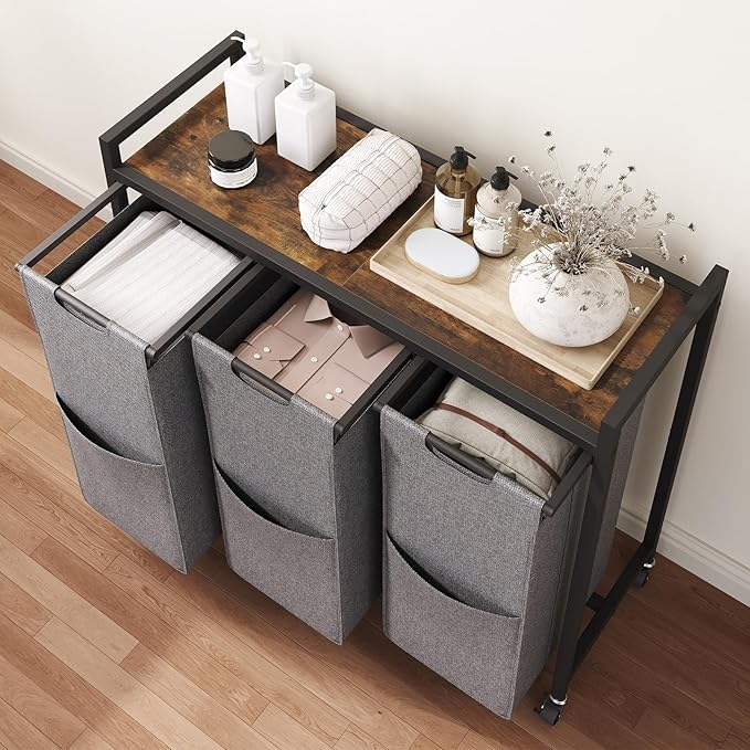 HOOBRO Laundry Sorter 3 Section, Laundry Hamper with Wheels, 3 × 11.5 Gal (43.4L), Rolling Laundry Basket, Pull-Out and Removable Oxford Fabric Laundry Bags, Rustic Brown and Grey BFG76XY01-Ruum Studio Home
