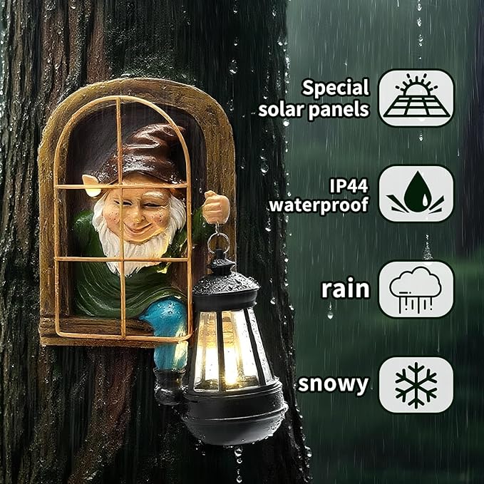 Garden Gnome Decor Outdoor Statue - Gnome With Solar Waterproof Lantern, Whimsical Elf Out The Door Tree Hugger Garden Statues, Home, Fence, Patio, Resin Ornament, Gardening Gift Tree Faces Gnomes-Ruum Studio Home