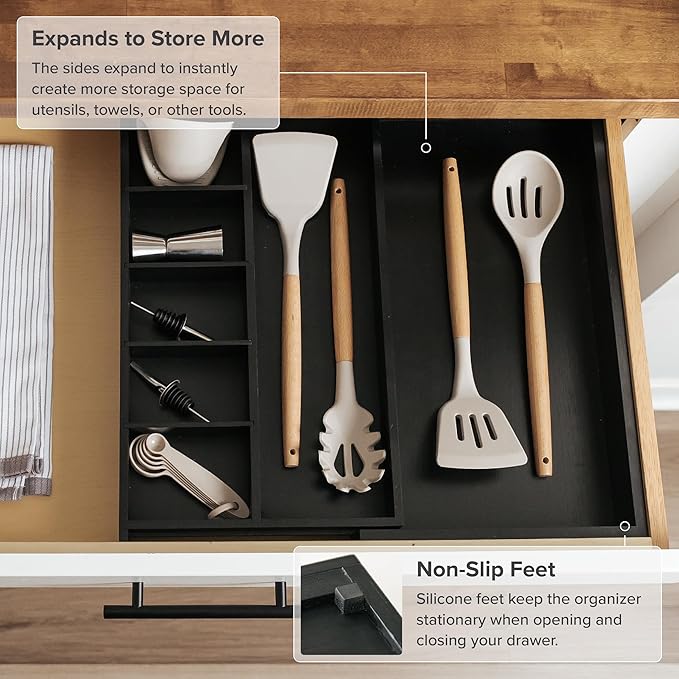 Adjustable Kitchen Drawer Organizer for Utensils and Junk, Food-Safe Contract Grade with 100% Sustainable Wood, Expandable from 10.5 to 19 Inches Wide - Black Bamboo-Ruum Studio Home