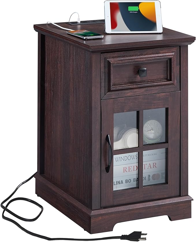 Farmhouse XXL End Table with Charging Station, Side Table with USB Ports and Outlets, Nightstand with Drawer and Glass Door Storage, Cherry Bedside Tables for Living Room, Bedroom, Office-Ruum Studio Home