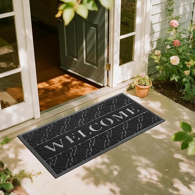 Yimobra Welcome Mat Outdoor Indoor, All-Season Waterproof Front Door Mat Outside Entrance, All-Weather Heavy Duty Non-Slip Doormat, Low Profile Porch Patio Entrance Mats, 47x24, Black-Ruum Studio Home