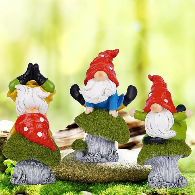 Hodao 3 PCS Spring Yoga Mushroom Gnomes Decoration Summer Elf Figurines Gifts for Home Spring Lively Garden Statues Decor for Outdoor, Mom, Mother (Green)-Ruum Studio Home