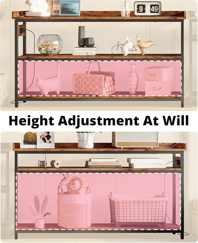 IRONCK Console Table, Sofa Table with Power Outlet, Farmhouse Hallway Table for Entryway, Living Room, Height Adjustable, Easy Assembly, Rustic Brown,55"-Ruum Studio Home