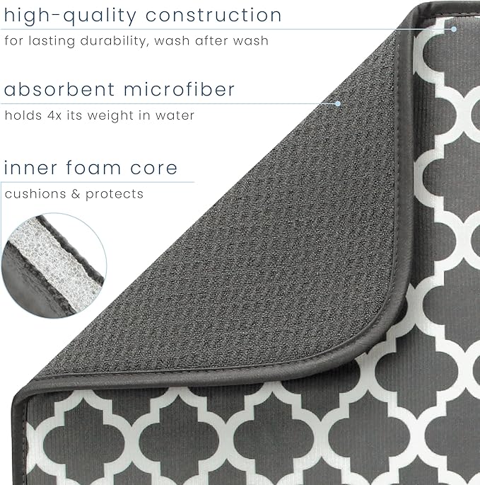 S&T INC. Dish Drying Mat XL, 18” x 24”, Absorbent Microfiber Kitchen Counter Mat, Dish Drying Pad for Dishes, Utensils, Pots and Pans, Extra Large, Pewter Grey Trellis-Ruum Studio Home
