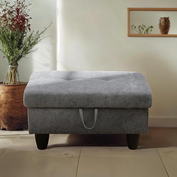 Ottoman Rectangular Storage Ottoman Bench, Flannel Footrest Stool Footstool with Lid for Living Room, Bedroom, Entryway, Dark Gray, 28.5"x19"x17.5"-Ruum Studio Home