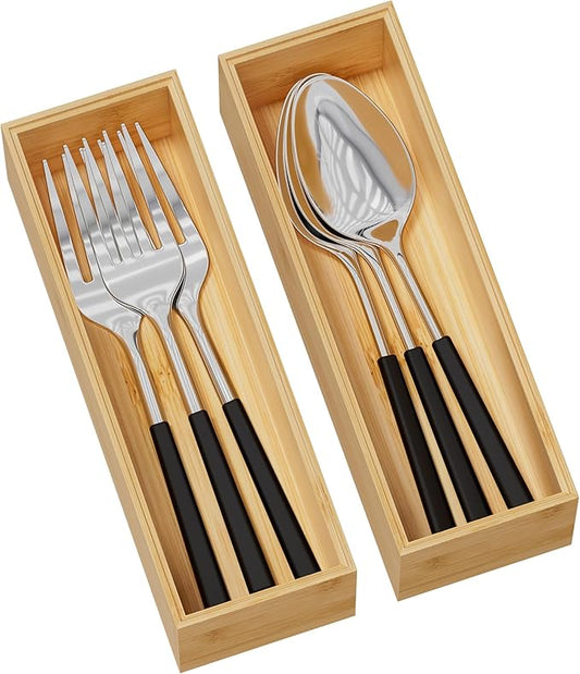 Kitchen Drawer Organizer Bins, Stackable Bamboo Deep Drawer Organizer for Silverware, Utensils, Cutlery, Flatware, Junk Drawer, Dresser, Bathroom, 9" x 3" x 2.5" (Set of 2)-Ruum Studio Home