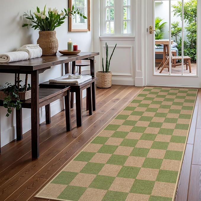 Lahome Checkered Entryway Runner Rug, 2x8 Green Washable Rug Runners for Hallway Non Slip, Farmhouse Indoor Outdoor Non Shedding Kitchen Mats for Floor Porch Balcony-Ruum Studio Home