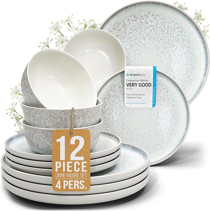 Stoneware dinnerware set 4 persons 12 pcs - Mediterranean dinnerware set, dishwasher, microwave and scratch resistant - bowl and plate set - dinnerware Pure Living Light Beige…-Ruum Studio Home