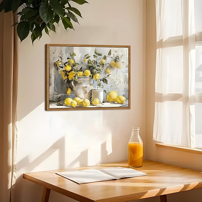 Framed Lemon Kitchen Wall Decor for Dining Room - Vintage Mustard French's Yellow Lemon Kitchen Wall Art, Rustic Oil Paintings Posters Prints for Bathroom Living Room Bedroom 16x24 inch-Ruum Studio Home