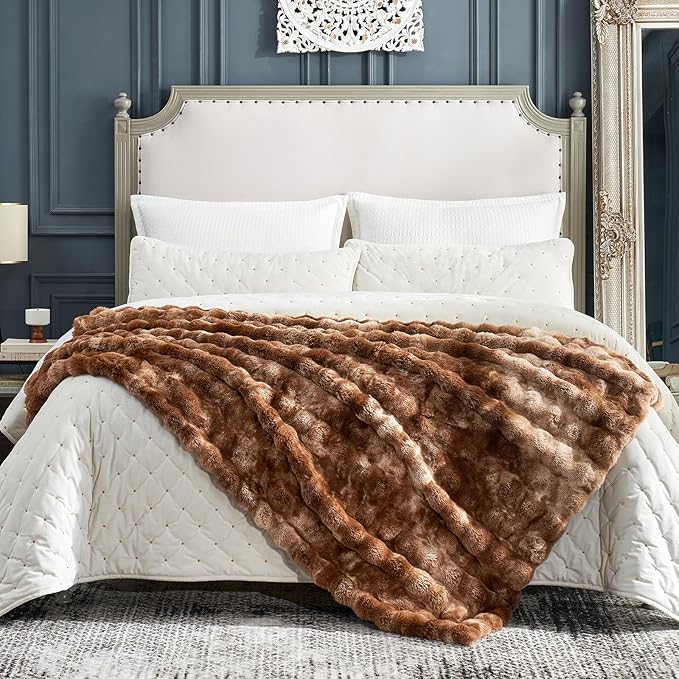 Cozy Bliss Faux Fur Throw Blanket for Couch, Fuzzy Soft Plush Thick Bubble Blanket for Sofa Bedroom Living Room, 50 * 60 Inches Tie Dye Brown-Ruum Studio Home