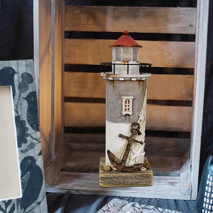 Linfevisi Wood Lighthouse Decor Rustic LED Light House Decor Wooden Decorative Nautical Lighthouse Statue Coastal Beach Themed Lighthouse Handcrafted Tabletop Decoration Home Bathroom (11.4")-Ruum Studio Home