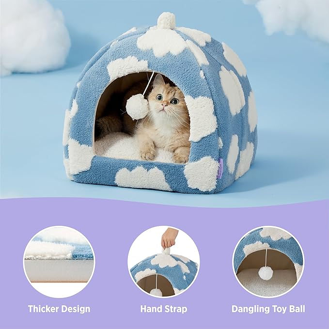 Lesure Cute Cat Beds for Indoor Cats - 2 in 1 Large Cat Cave Bed for Puppy and Small Dog with Removable Washable Cushioned Pillow, Cozy Kitten Tent with Non-Slip Bottom, Blue, 17.3 inches-Ruum Studio Home