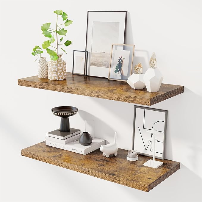 32" Floating Shelves for Wall, 12" Deep Slim Rustic Brown Floating Shelves, Wall-Mounted Shelves for Bedroom, Living Room, Kitchen, Bathroom - Set of 2-Ruum Studio Home