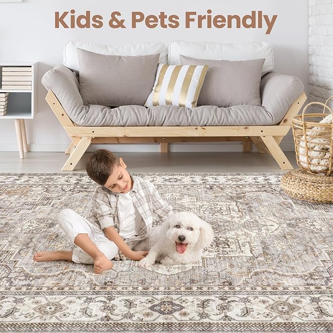 Washable Area Rugs for Living Room - 9x12 Neutral Vintage Distressed Floral Farmhouse Boho Large Soft Floor Rug Indoor Non Slip Carpet for Bedroom Dining Room Office - Grey Brown-Ruum Studio Home