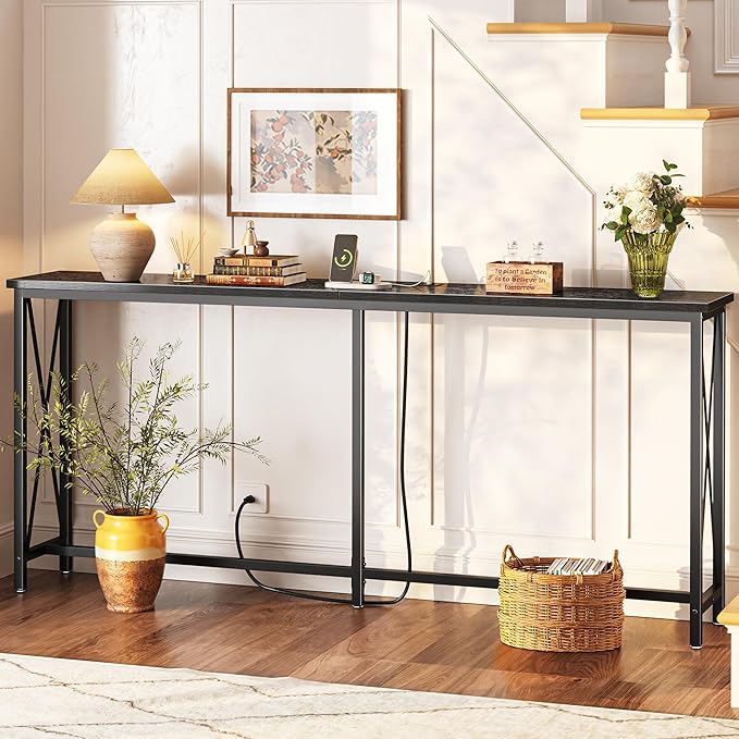 SUPERJARE 70 Inch Console Table with Outlets and USB-C Port, Extra Long Behind Couch Sofa Table with X-Shaped Design, Narrow for Entryway, Living Room, Metal Frame, Wooden Top, Black-Ruum Studio Home