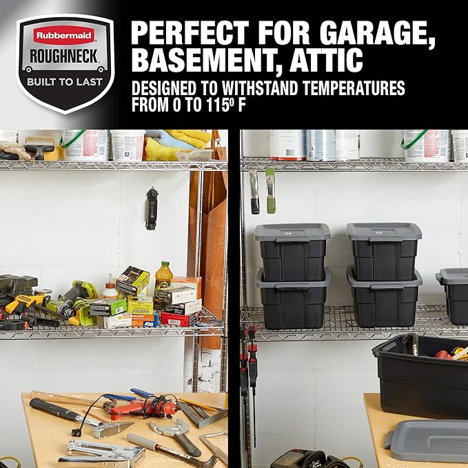 Rubbermaid Roughneck Tote 3 Gal, 6 Pack, Made in USA, Black & Gray, Rugged Plastic Stackable Storage Bins with Lids and Handles-Ruum Studio Home