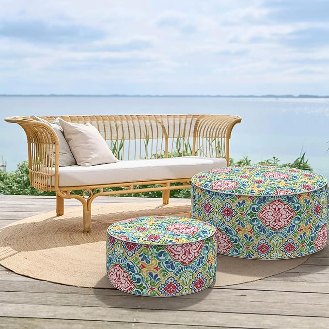 Inflatable Ottoman Stool D31 xH14 for Outdoor/Indoor Use, Water Repellent Patio Foot Rest Stool with Portable Handle,Round Pouf Ottoman Suitable for Garden,Deck and Camping - Damask Red-Ruum Studio Home