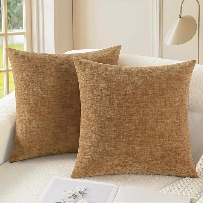 CaliTime Throw Pillow Covers Decorative 22 X 22 Inches Pack of 2 Cozy Chenille Cushion Cases for Couch Sofa Bed Living Room Home Apricot Brown-Ruum Studio Home