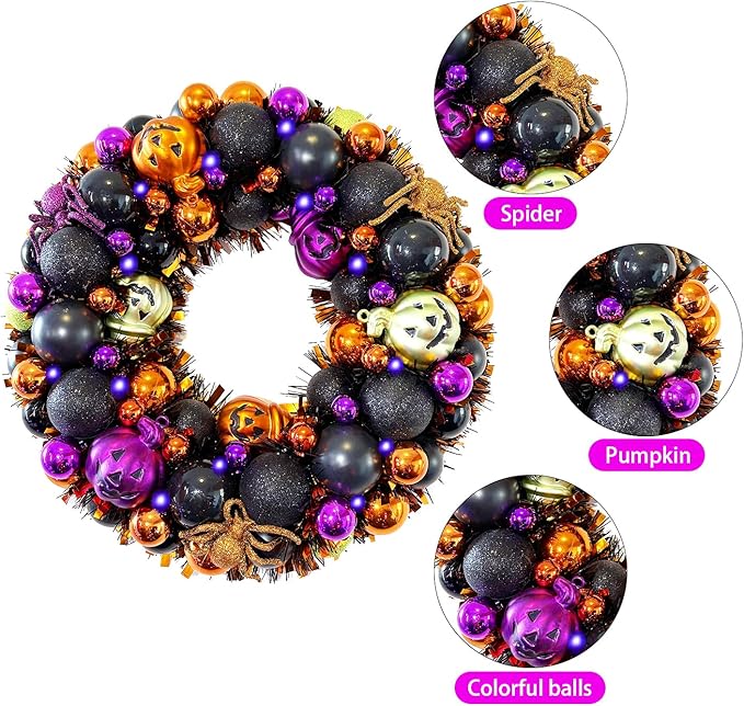 13.8 Inch Halloween Ball Wreath for Front Door with Lights, Lighted Cute Treat-or-Trick Door Wreath Ball Ornament for Halloween Indoor Decorations Centerpiece Party Holiday Wall Home Decor-Ruum Studio Home